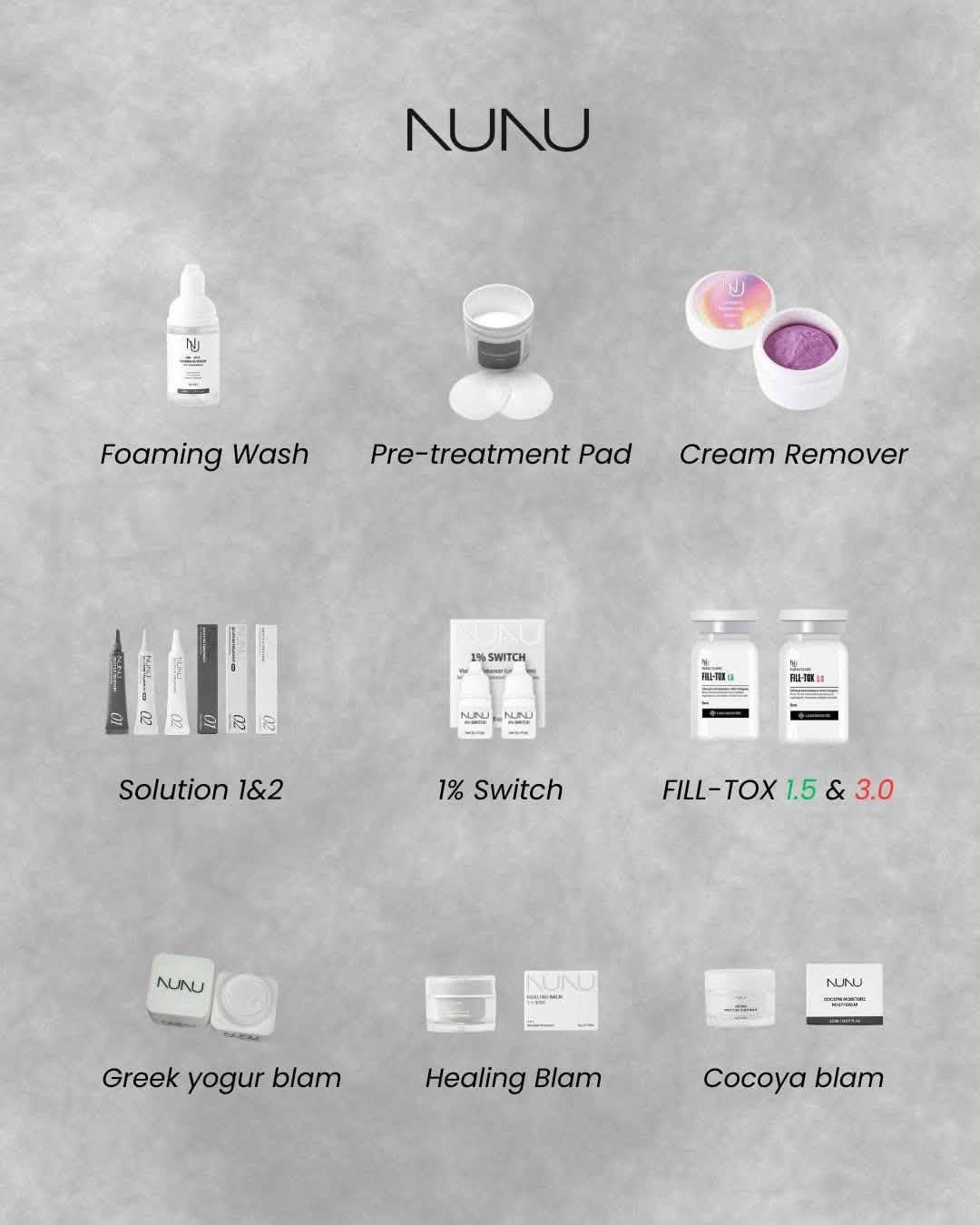 Hệ sản phẩm NUNU: Foaming Wash, Pre-treatment Pad, Cream Remover, Solution, 1% Switch, Fill-Tox và các dòng balm